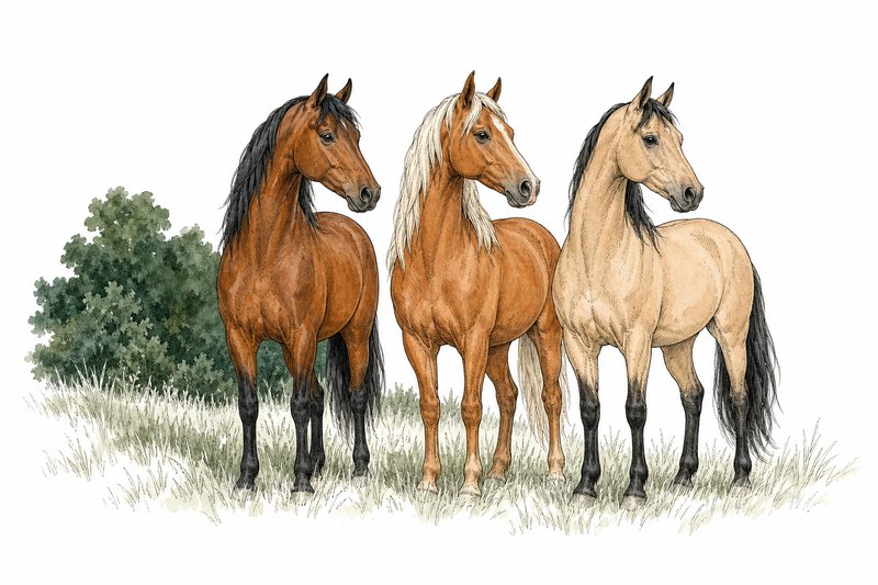 Ink and watercolor drawing of three Morgan horses: a bay, a chestnut with a flaxen mane and a buckskin