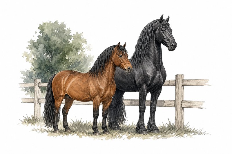 Ink and watercolor drawing of a bay Morgan horse next to a taller black Friesian at a paddock fence