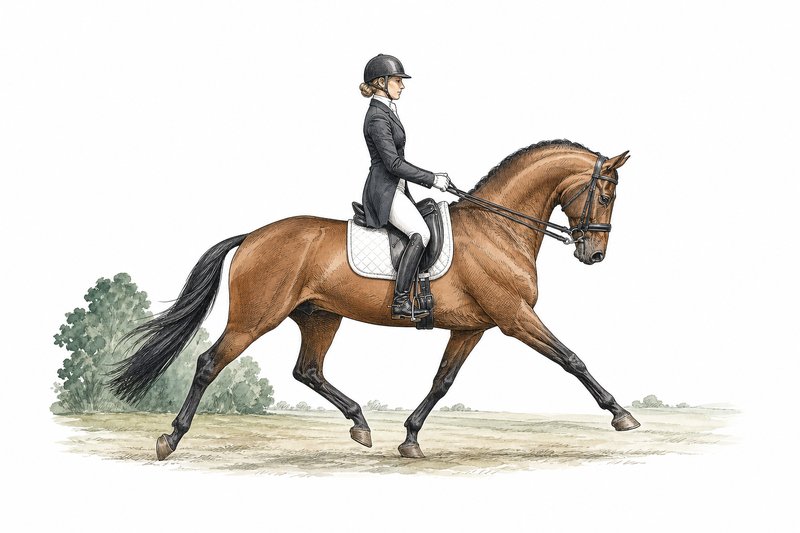 Ink and watercolor drawing of a bay Morgan horse at an extended trot under a dressage rider