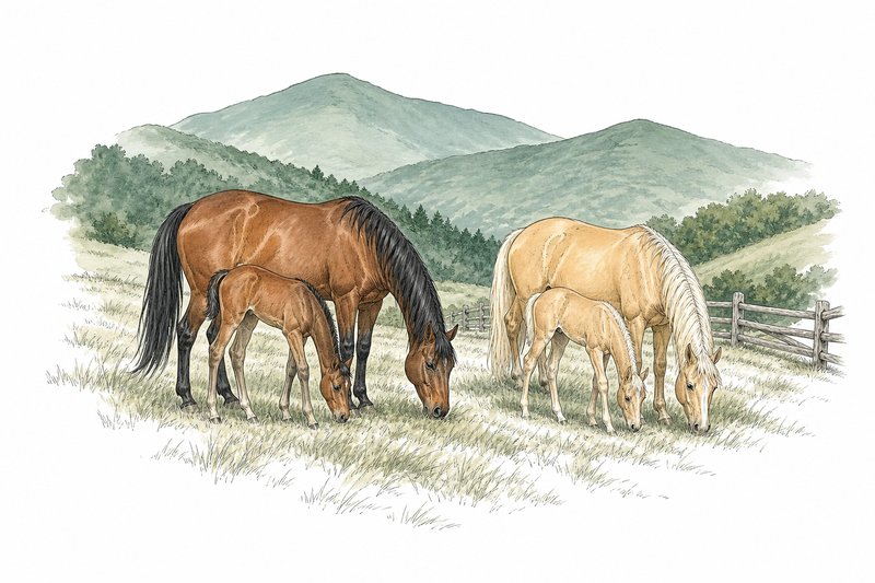 Ink and watercolor drawing of a bay and a palomino Morgan mare with their foals on a Vermont hillside