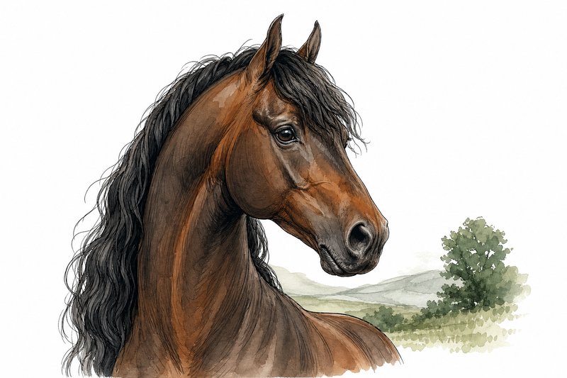 Ink and watercolor head study of a dark bay Morgan stallion with an arched neck